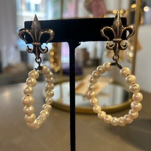 French Kande Hoop Fleur-de-Lis Drop Earrings - White Pearls